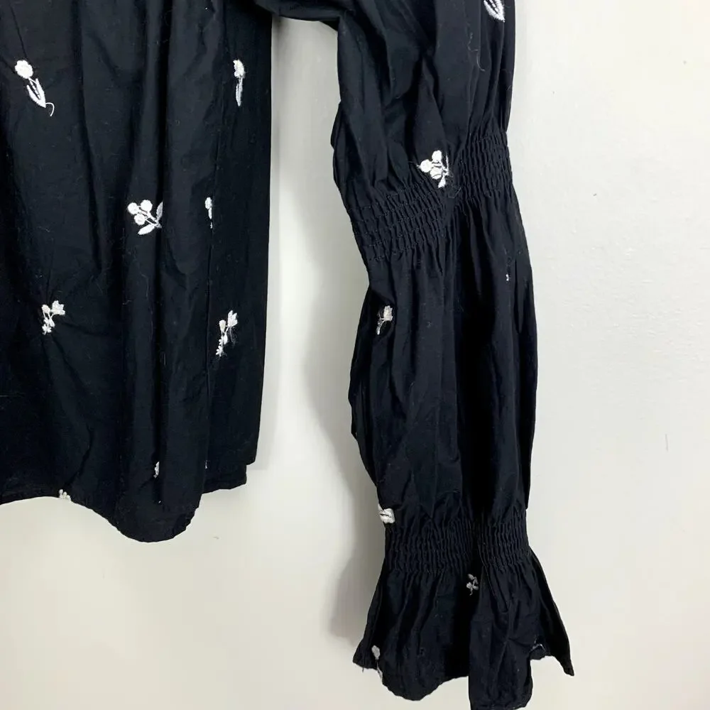 Zara Trafaluc Black White Off Shoulder Top Floral Embroider Puff Sleeve Blouse S